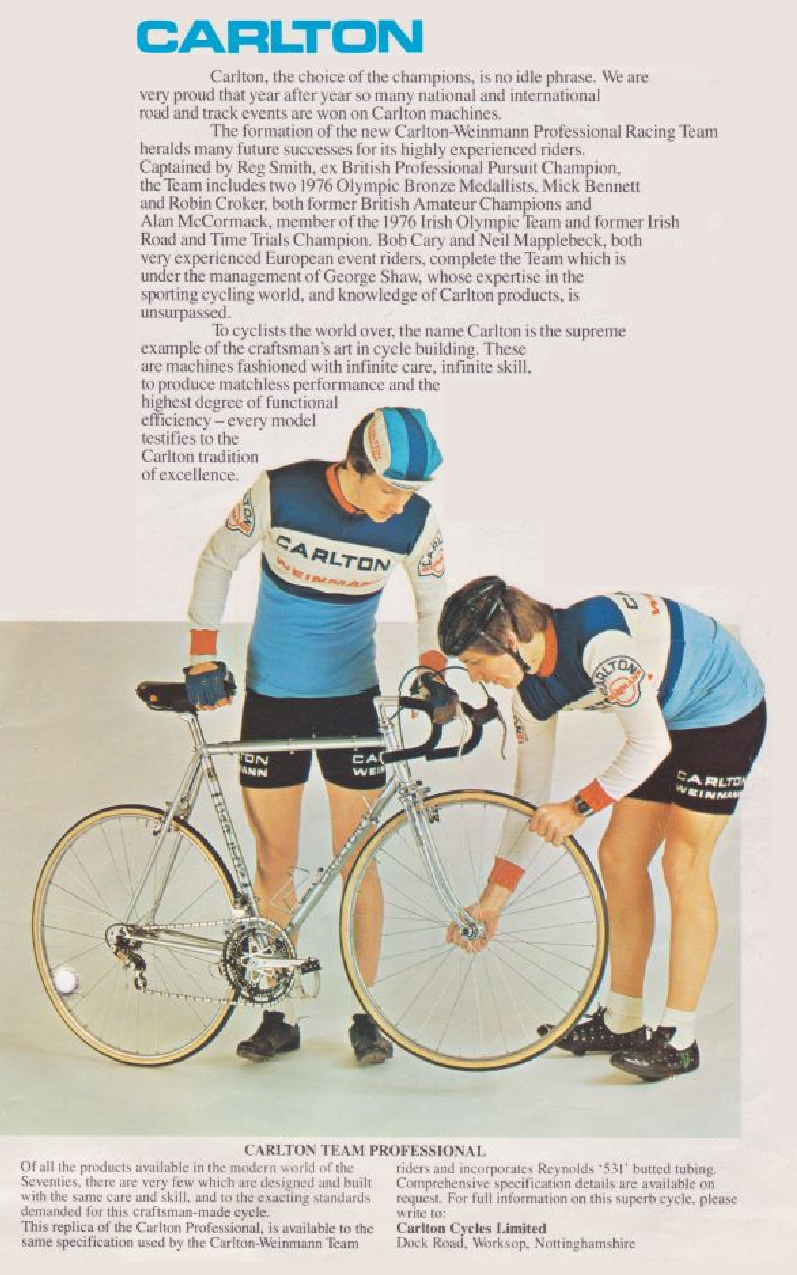 Page 3 from the 1977 Carlton Catalog showing 2 team members and
Carlton Pro frameset
